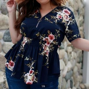 Plus Zipper Floral Print Shirred Blouse
